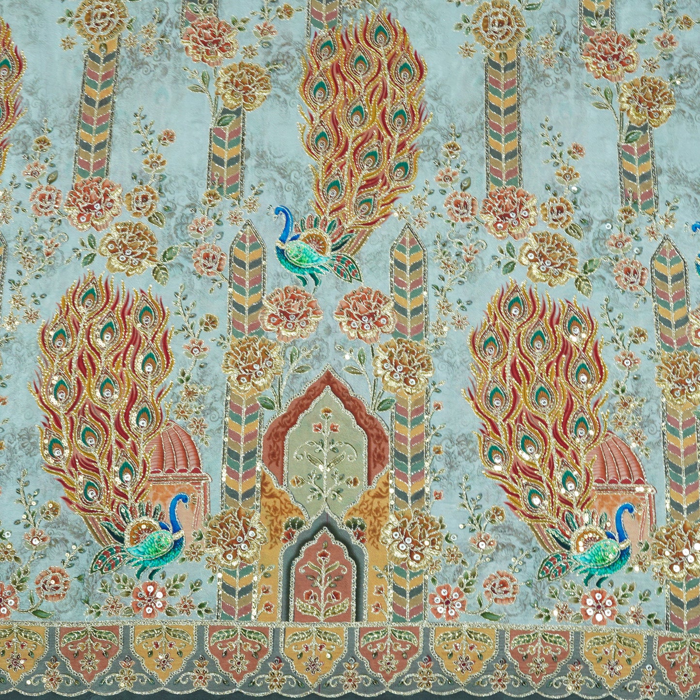 Regal Peacock Motif Embroidered Crepe Fabric
