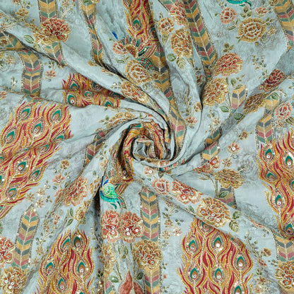Regal Peacock Motif Embroidered Crepe Fabric