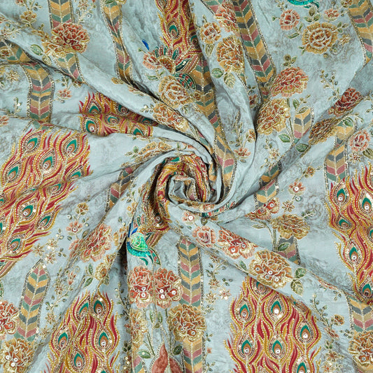 Regal Peacock Motif Embroidered Crepe Fabric