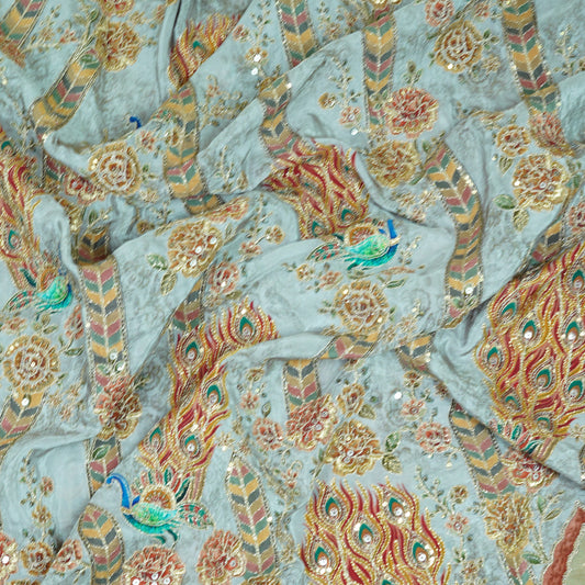 Regal Peacock Motif Embroidered Crepe Fabric