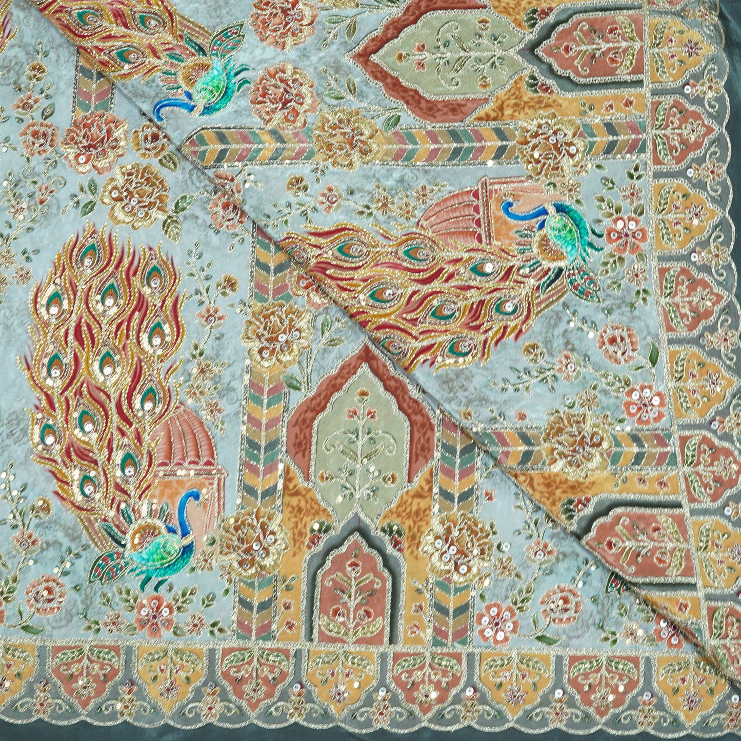Regal Peacock Motif Embroidered Crepe Fabric