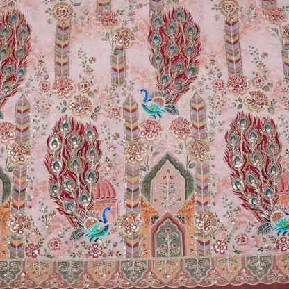 Blush Pink Royal Peacock Embroidered Crepe Fabric