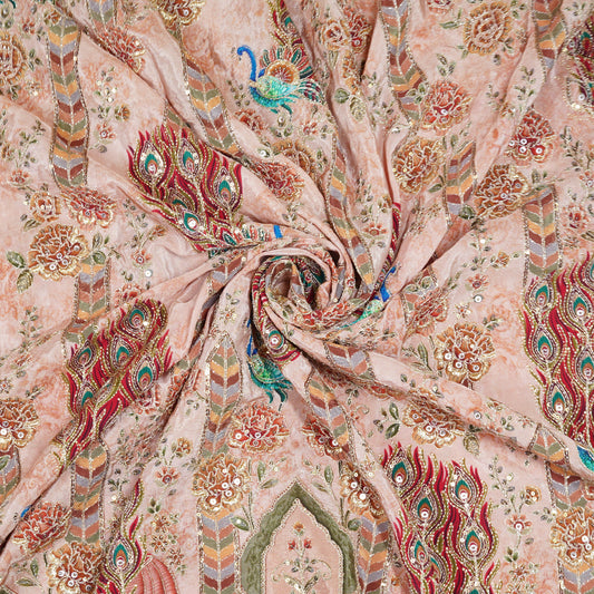 Blush Pink Royal Peacock Embroidered Crepe Fabric