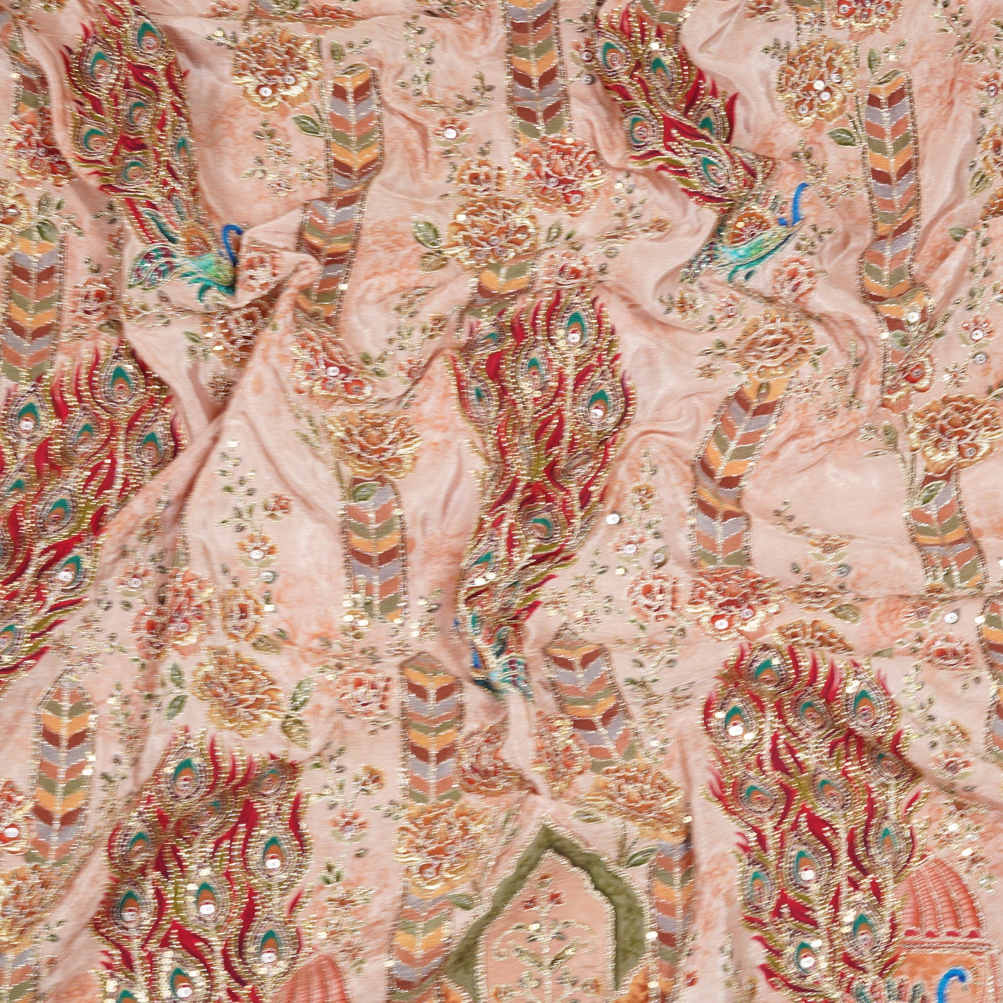 Blush Pink Royal Peacock Embroidered Crepe Fabric