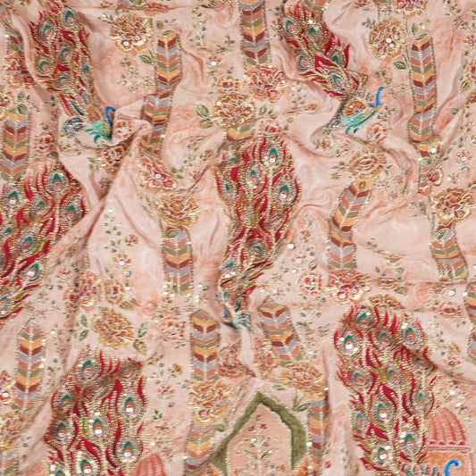 Blush Pink Royal Peacock Embroidered Crepe Fabric
