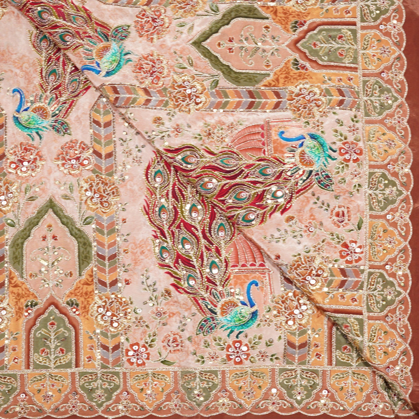 Blush Pink Royal Peacock Embroidered Crepe Fabric