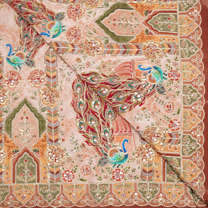 Blush Pink Royal Peacock Embroidered Crepe Fabric