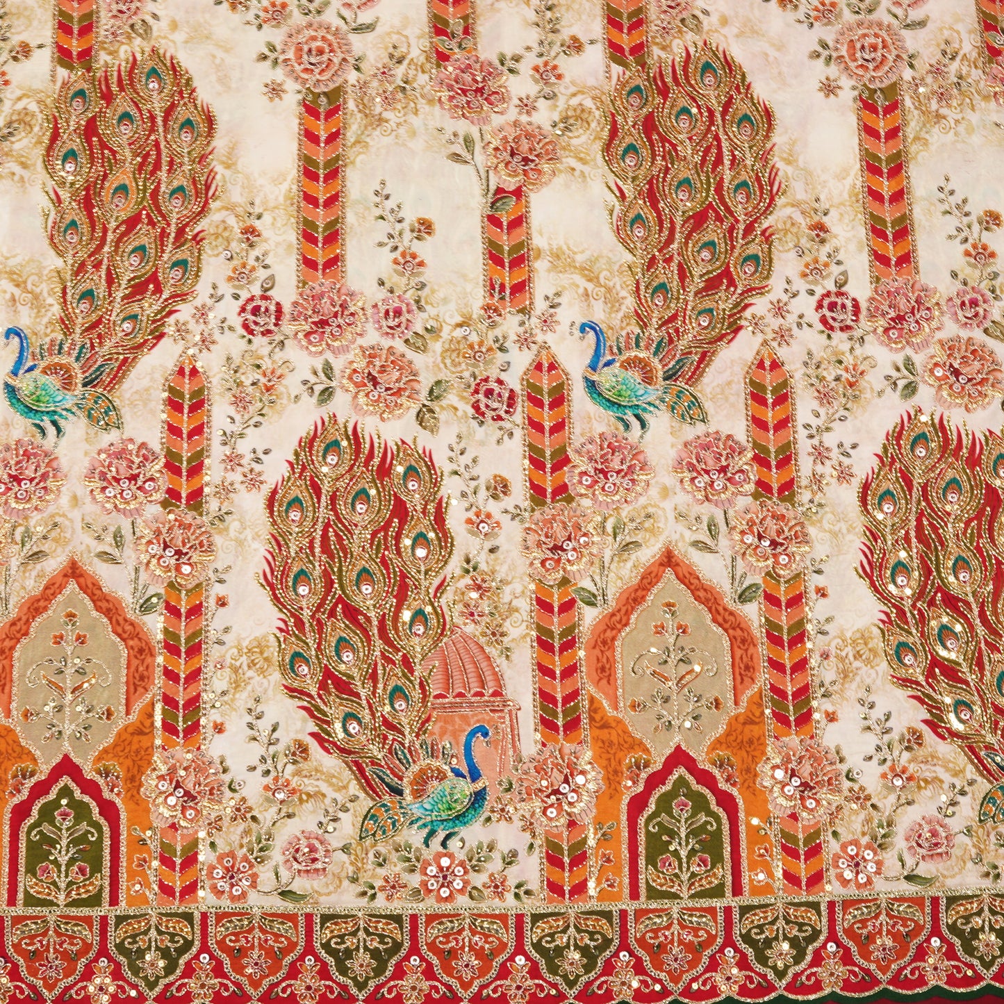 Ivory Regal Peacock Embroidered Crepe Fabric