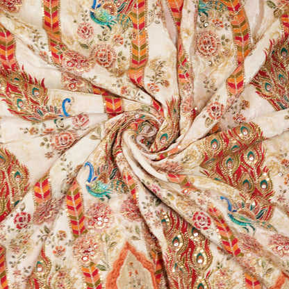 Ivory Regal Peacock Embroidered Crepe Fabric