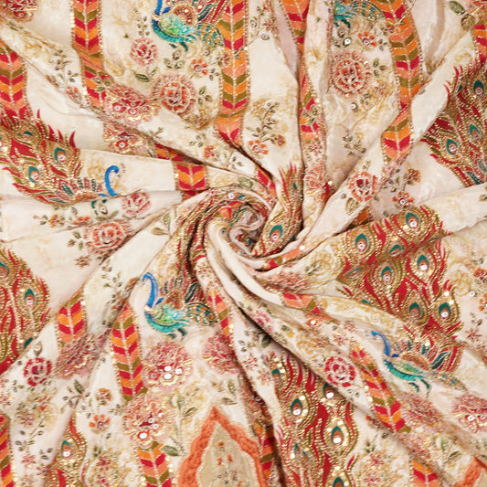 Ivory Regal Peacock Embroidered Crepe Fabric