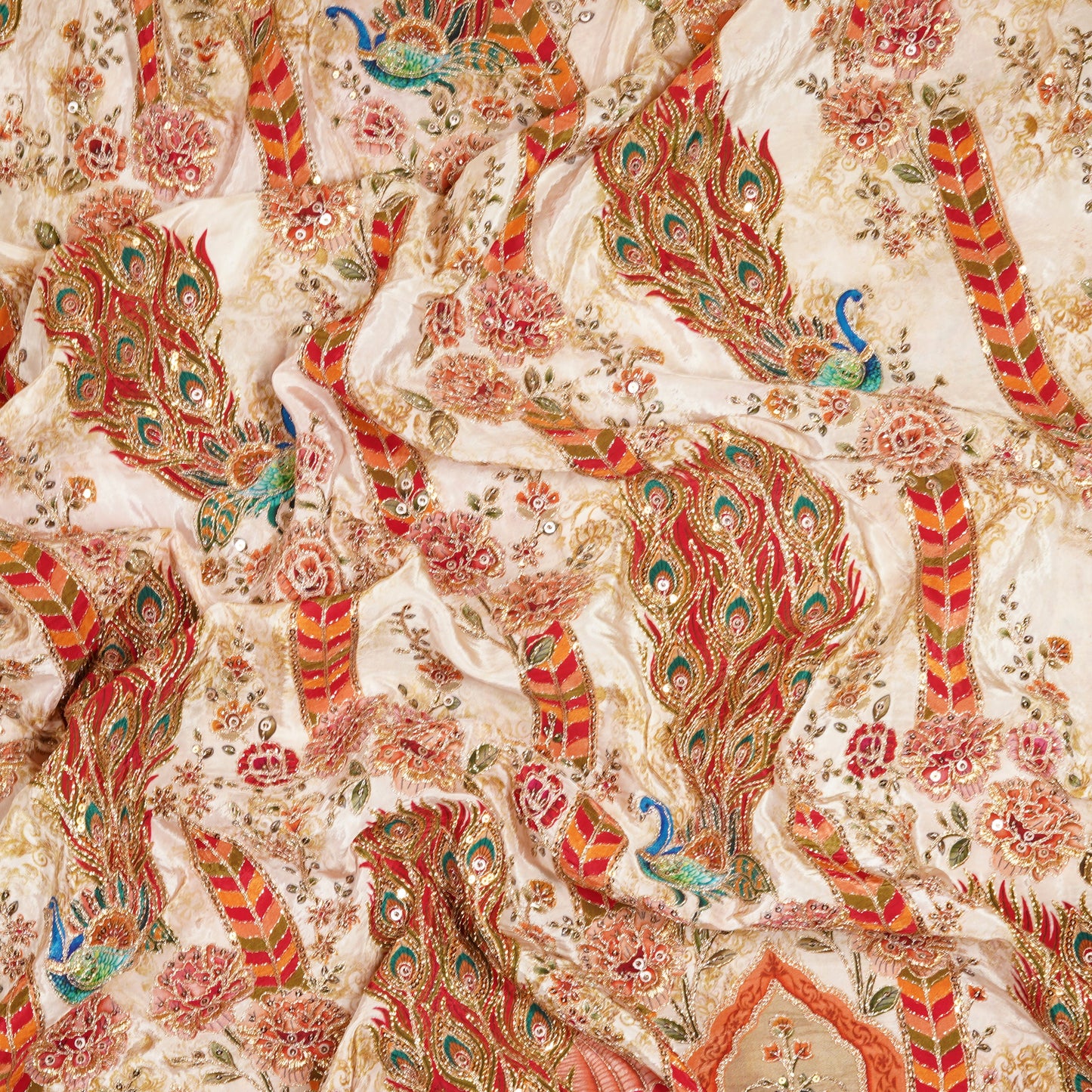 Ivory Regal Peacock Embroidered Crepe Fabric