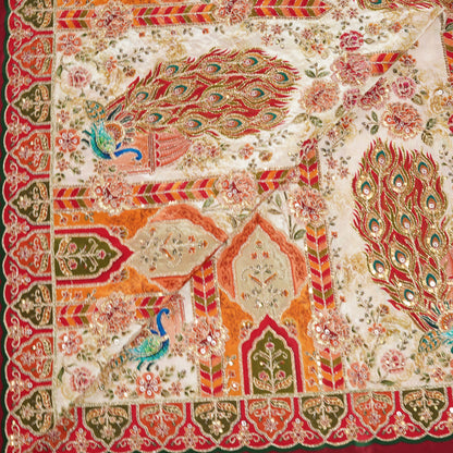 Ivory Regal Peacock Embroidered Crepe Fabric