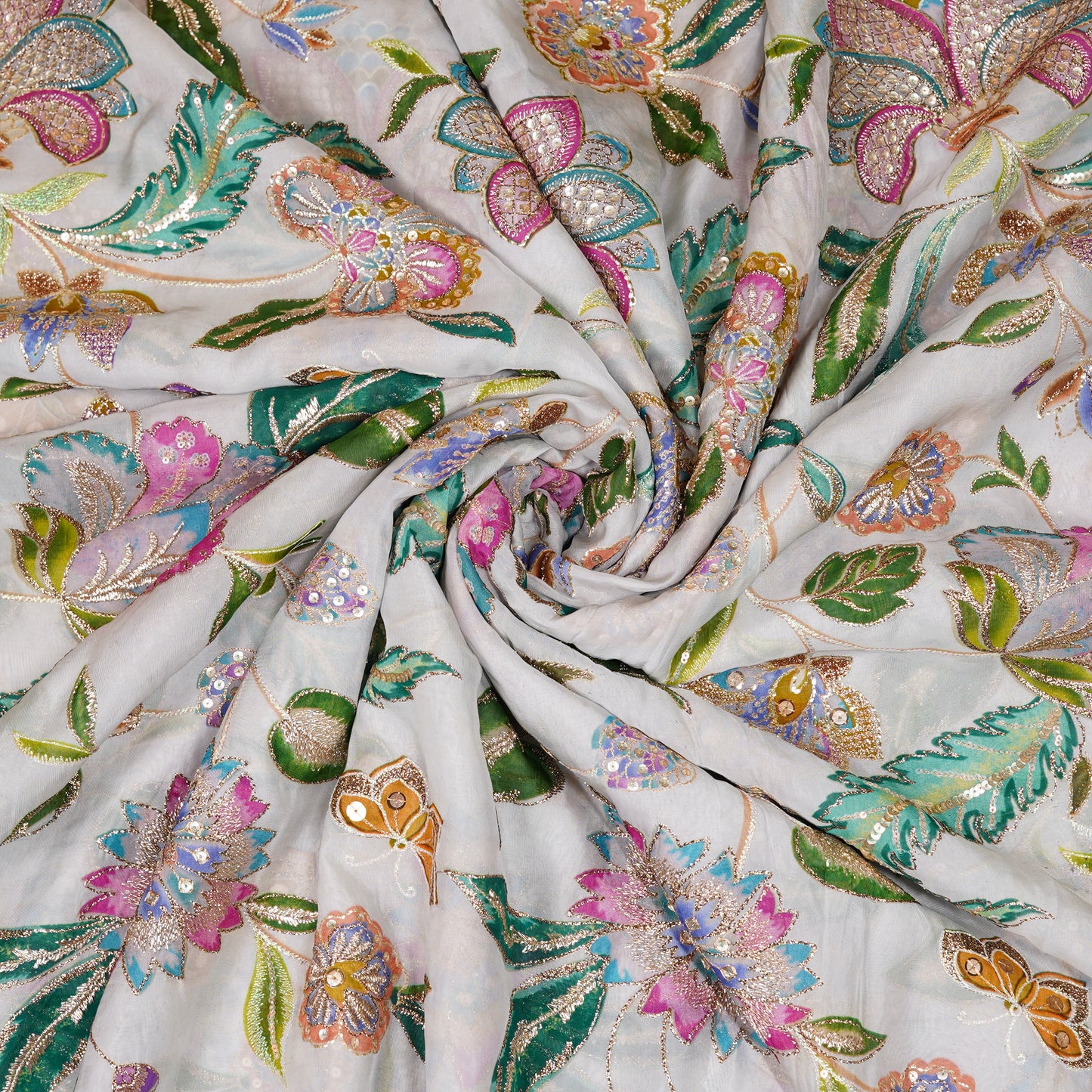 Multicolor Floral Embellished Organza Fabric