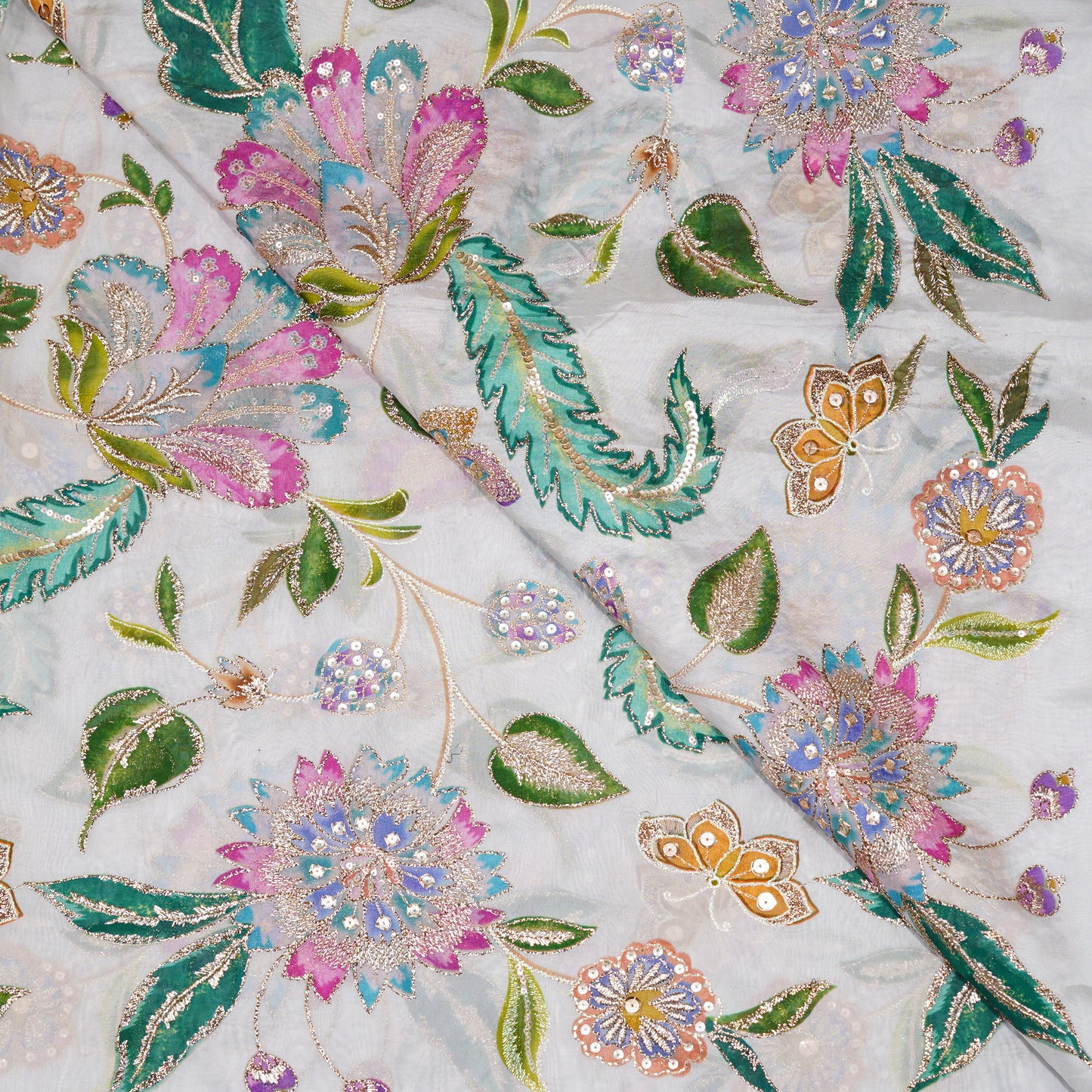 Multicolor Floral Embellished Organza Fabric