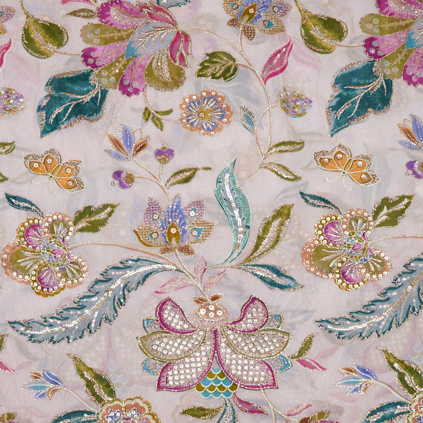 Multicolor Floral Embellished Organza Fabric