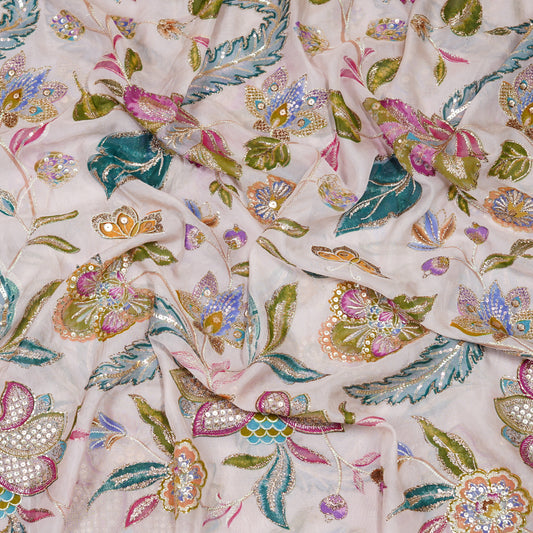 Multicolor Floral Embellished Organza Fabric