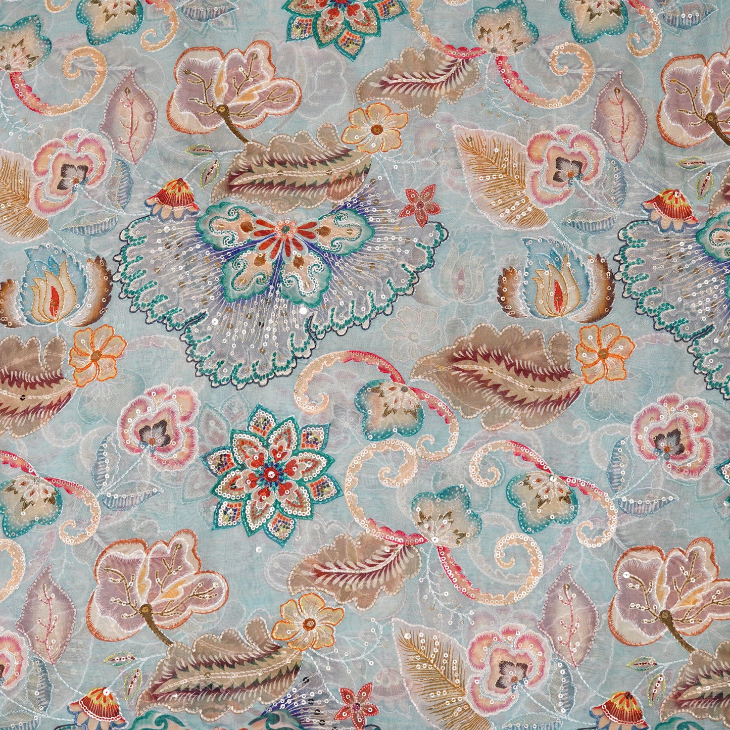 Pastel Floral Embroidered Organza Fabric