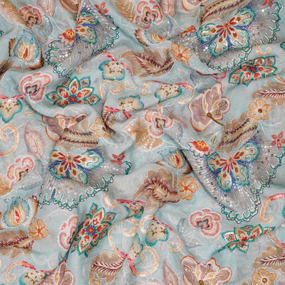 Pastel Floral Embroidered Organza Fabric