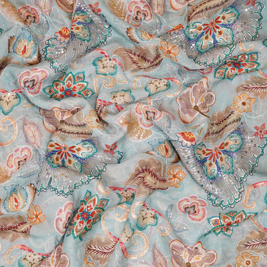 Pastel Floral Embroidered Organza Fabric
