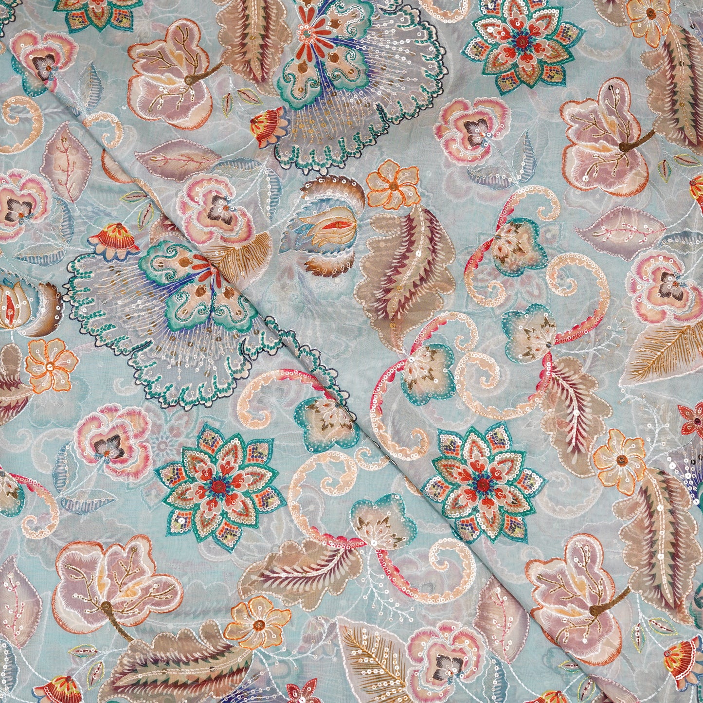 Pastel Floral Embroidered Organza Fabric