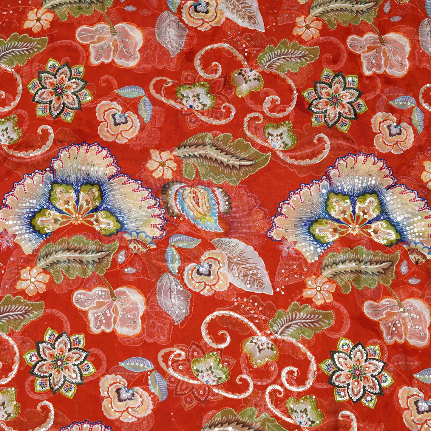 Vibrant Red Floral Embellished Organza Fabric