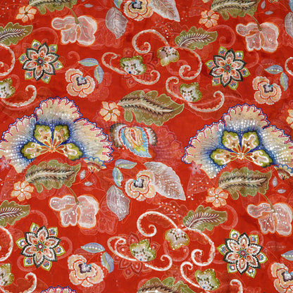 Vibrant Red Floral Embellished Organza Fabric