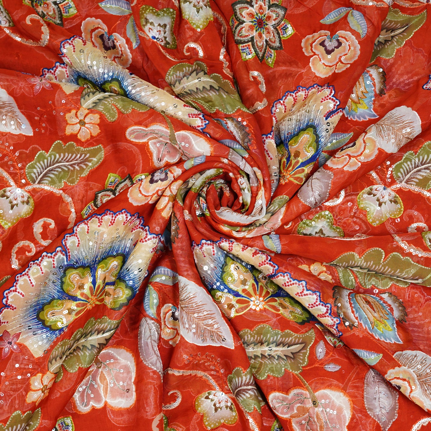 Vibrant Red Floral Embellished Organza Fabric