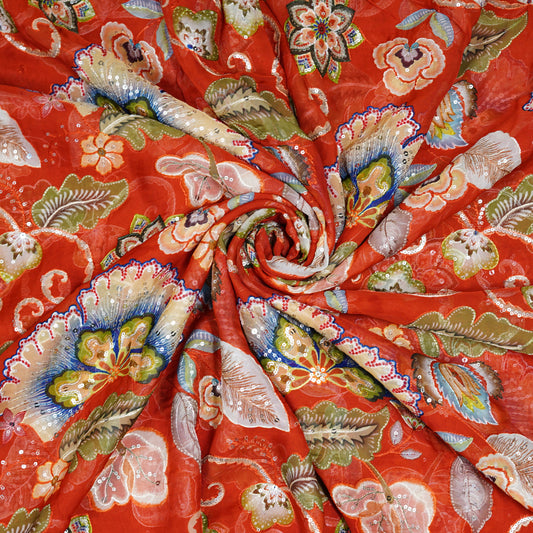 Vibrant Red Floral Embellished Organza Fabric