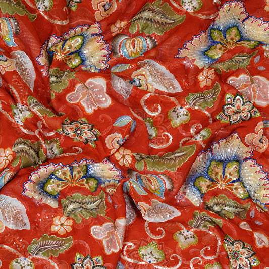 Vibrant Red Floral Embellished Organza Fabric