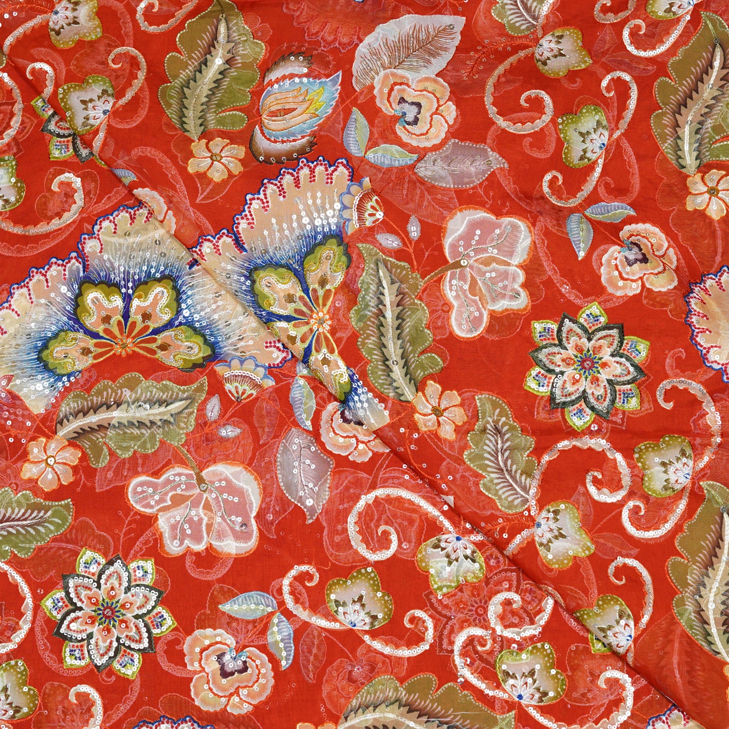 Vibrant Red Floral Embellished Organza Fabric