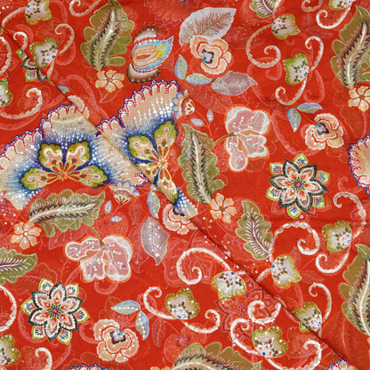 Vibrant Red Floral Embellished Organza Fabric