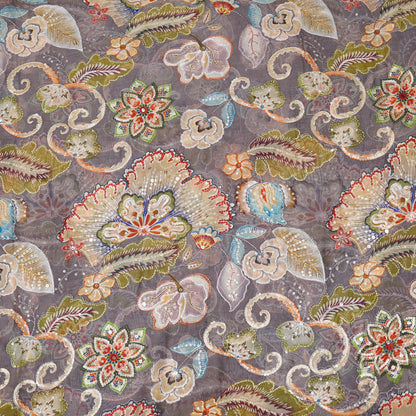 Muted Grey Floral Embellished Organza Fabric