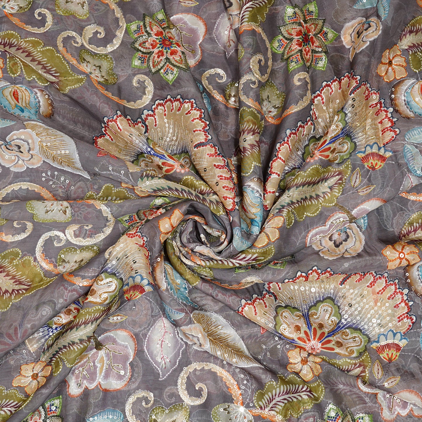 Muted Grey Floral Embellished Organza Fabric