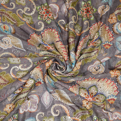 Muted Grey Floral Embellished Organza Fabric