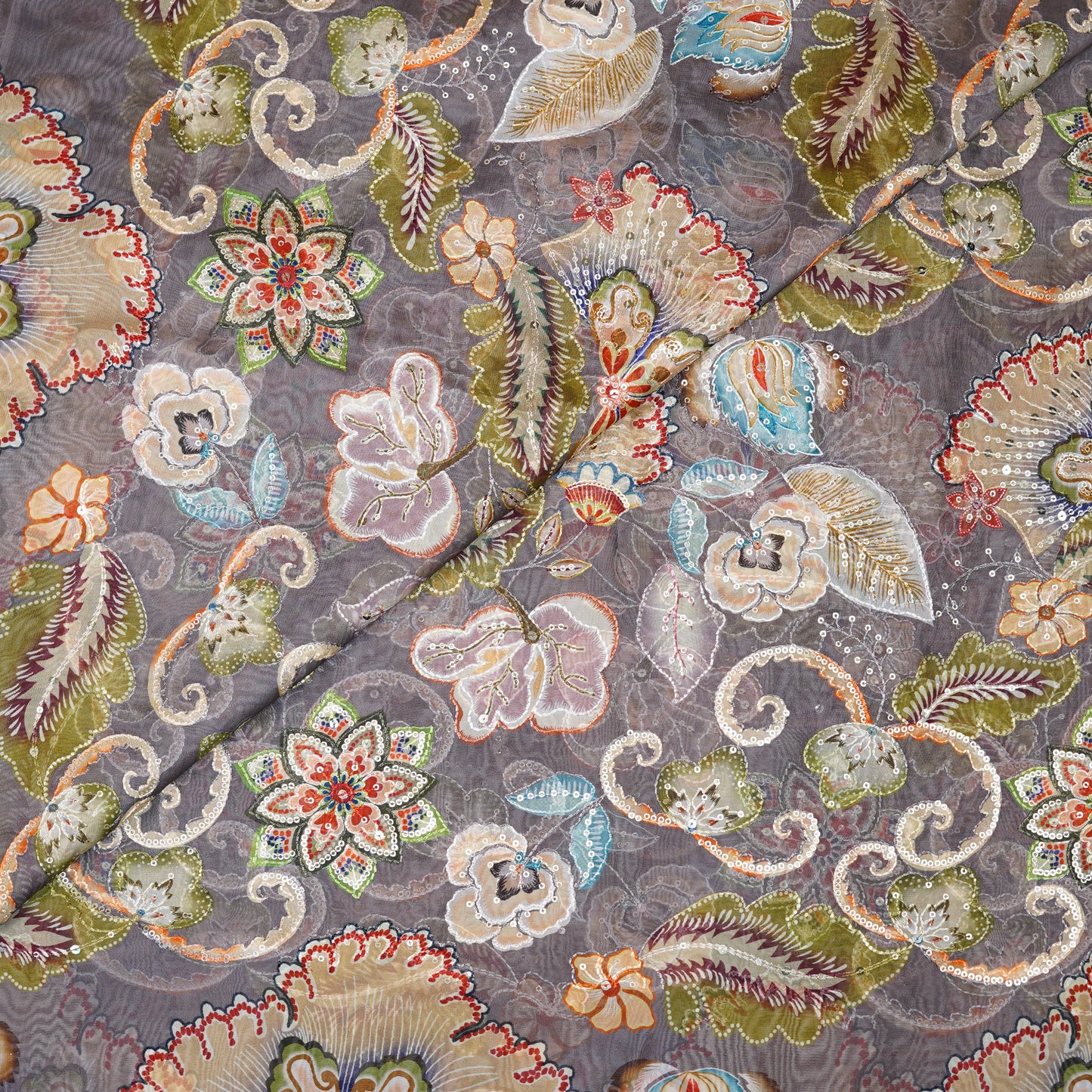 Muted Grey Floral Embellished Organza Fabric