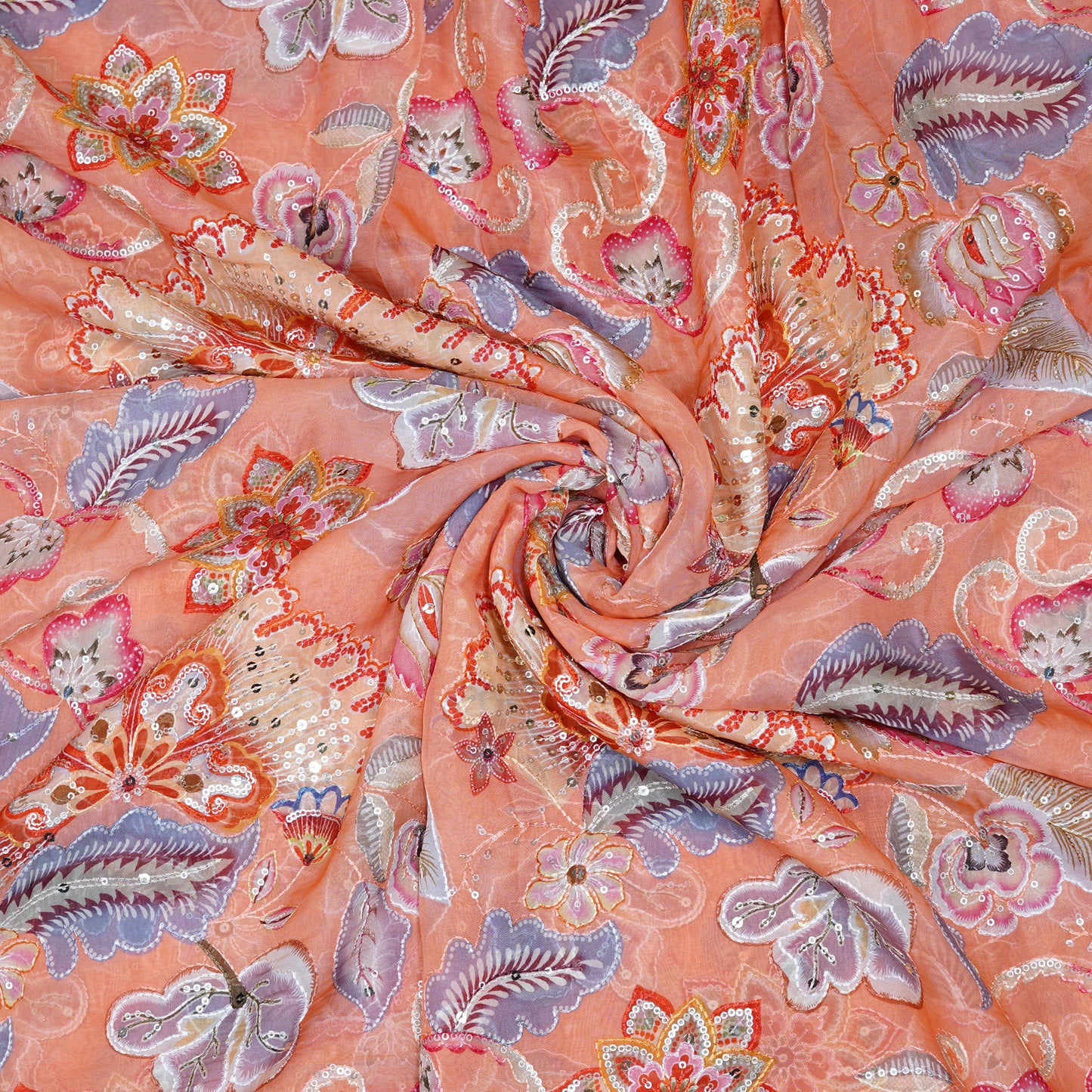 Peach Floral Embellished Organza Fabric