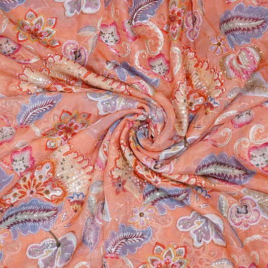 Peach Floral Embellished Organza Fabric