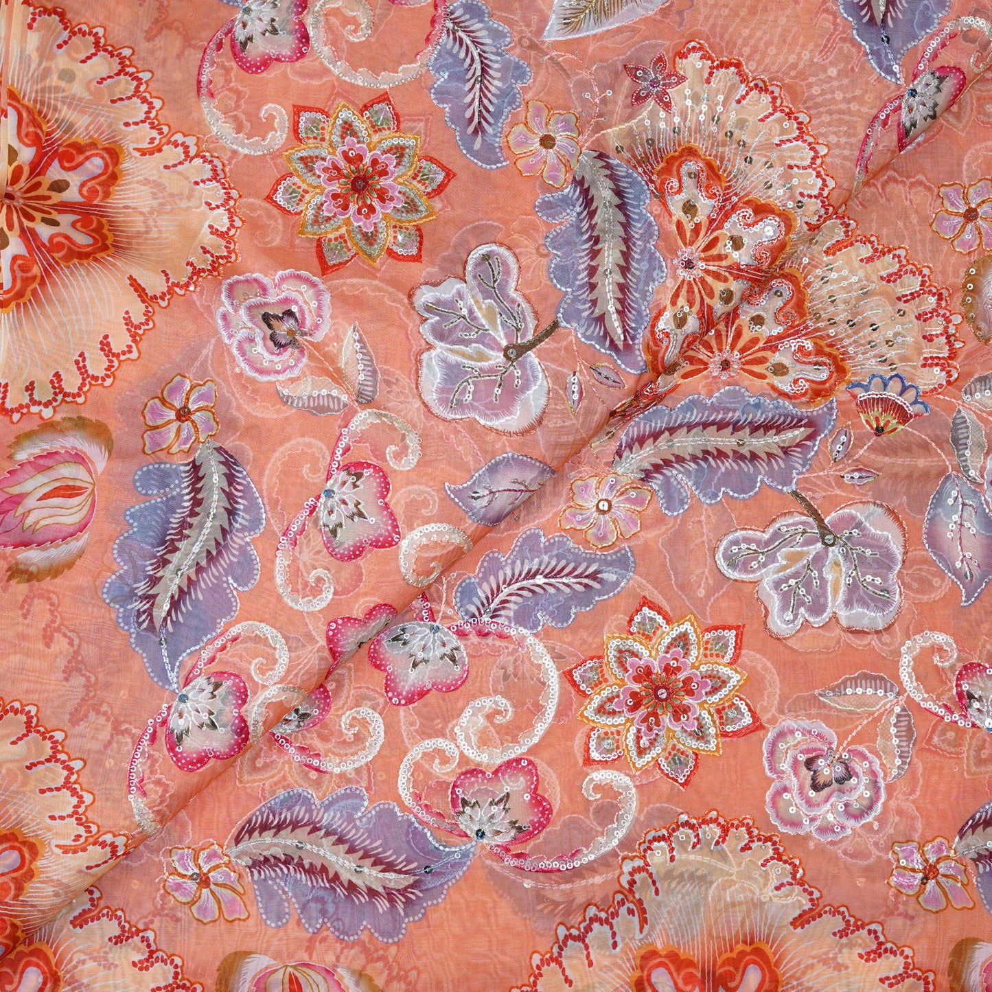Peach Floral Embellished Organza Fabric