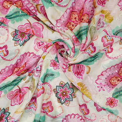 Blush Pink Floral Embellished Organza Fabric
