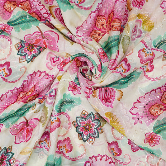 Blush Pink Floral Embellished Organza Fabric