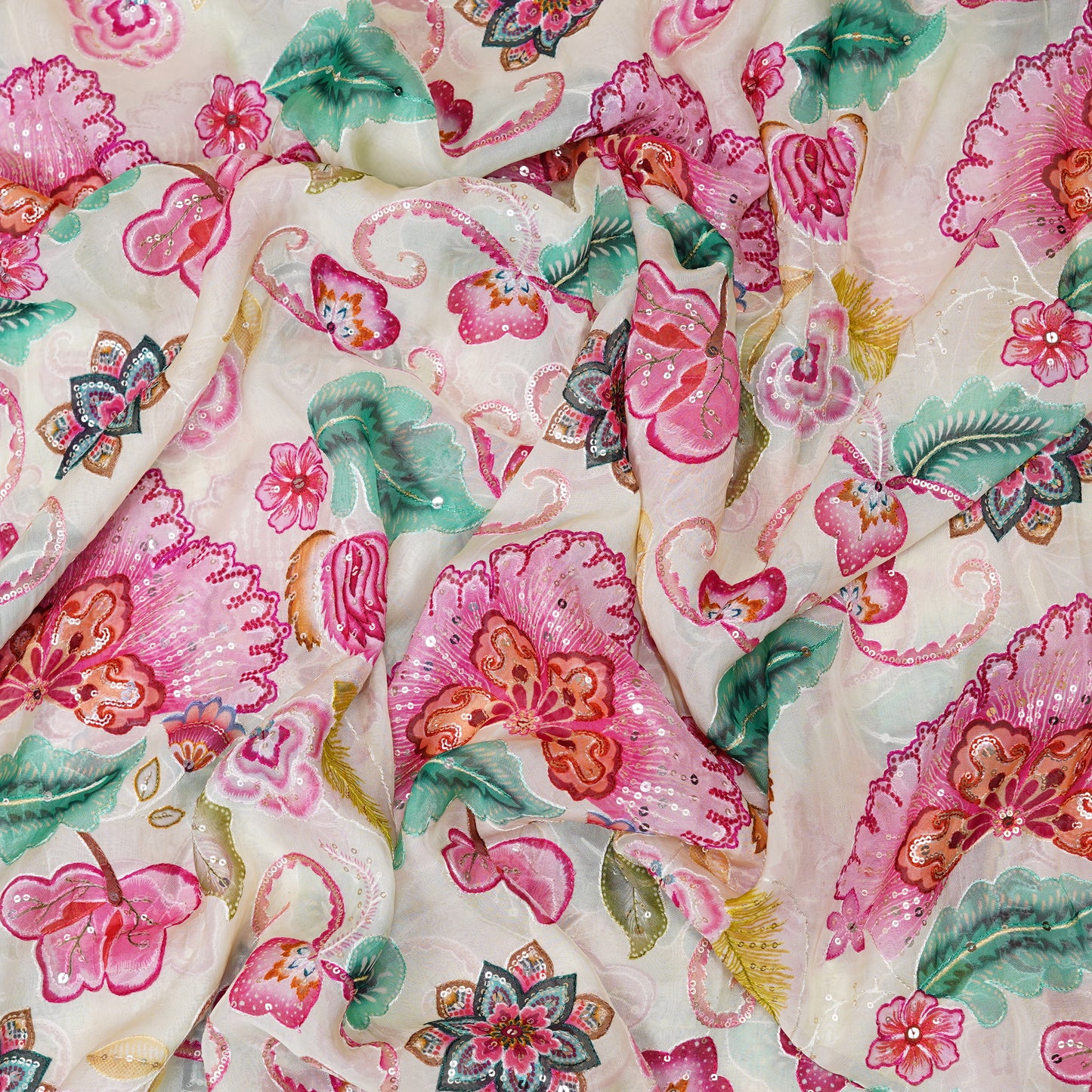 Blush Pink Floral Embellished Organza Fabric