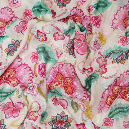 Blush Pink Floral Embellished Organza Fabric