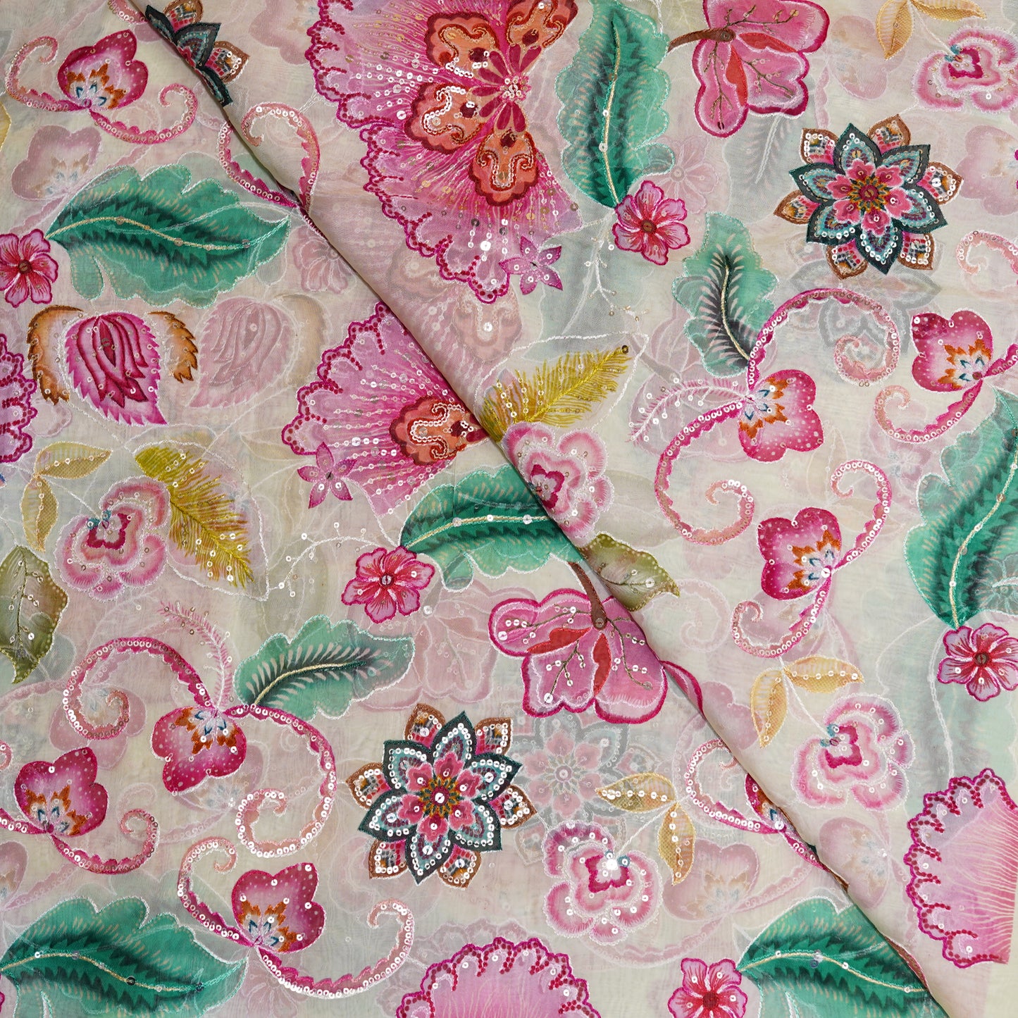 Blush Pink Floral Embellished Organza Fabric