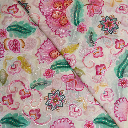 Blush Pink Floral Embellished Organza Fabric