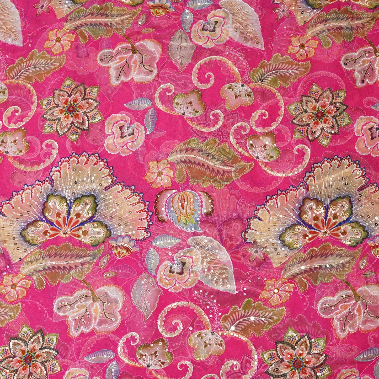 Bright Pink Floral Embellished Organza Fabric