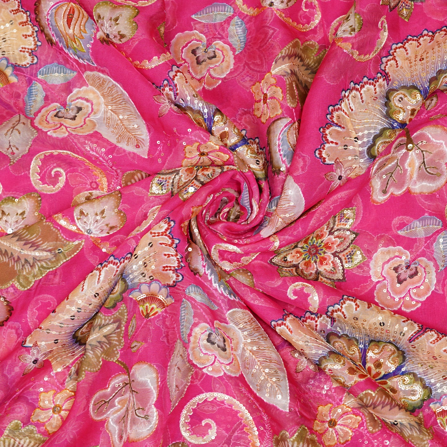 Bright Pink Floral Embellished Organza Fabric