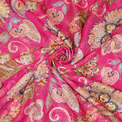 Bright Pink Floral Embellished Organza Fabric