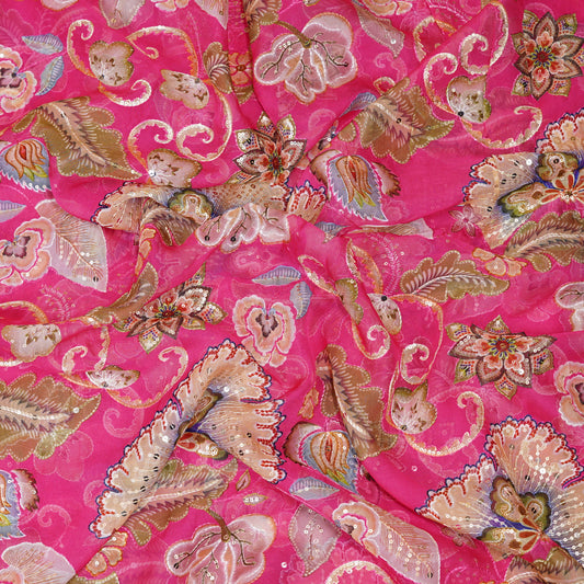 Bright Pink Floral Embellished Organza Fabric