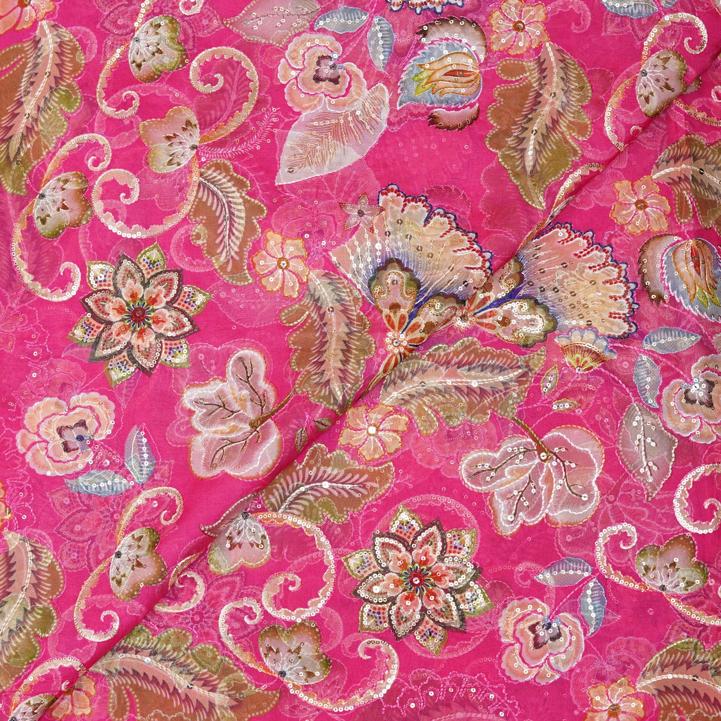 Bright Pink Floral Embellished Organza Fabric