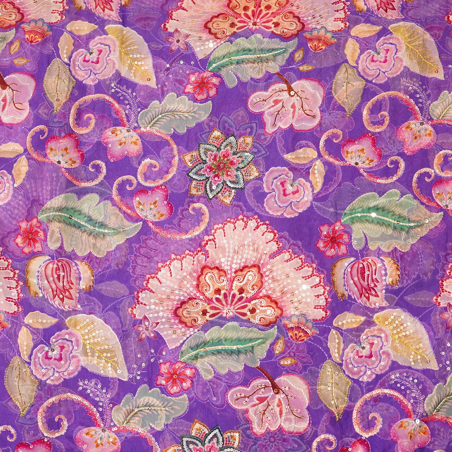 Royal Purple Floral Embellished Organza Fabric